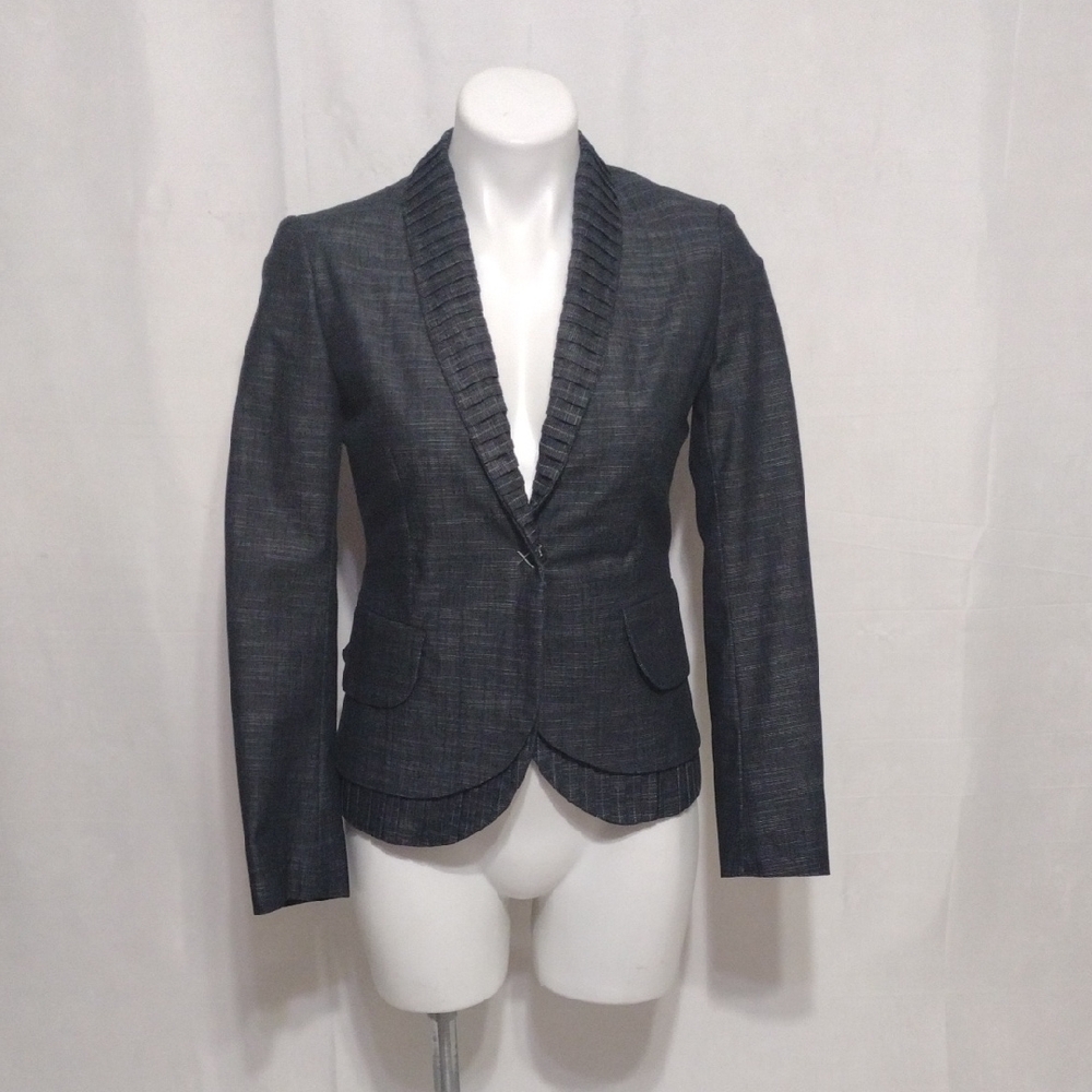 PHILIPPE DUBUC Womens Designer Structured Tiered Denim Blazer 6 Statement Jacket